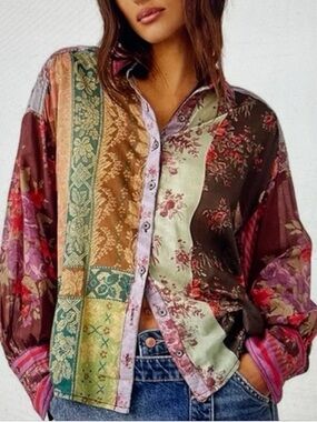 We The Free Multicolor Patchwork Button-Down Shirt. Size XL | NWT